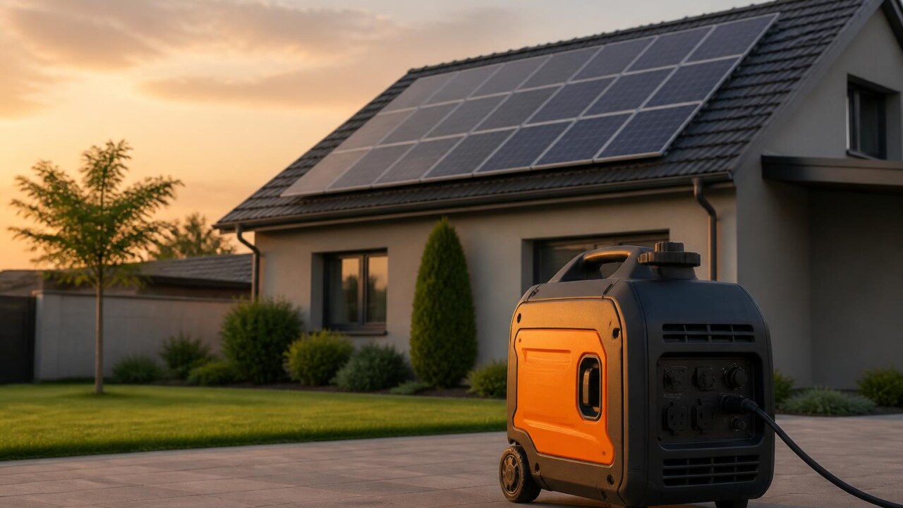 Painel solar ao lado de um gerador portátil em área residencial