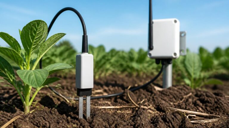 Sensor de umidade do solo instalado em uma lavoura com um gateway LoRaWAN ao fundo durante o dia