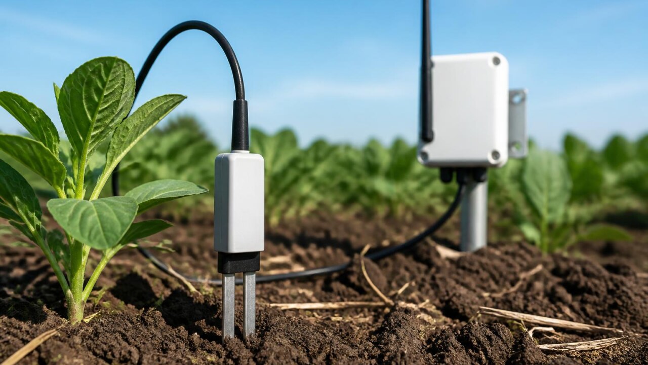 Sensor de umidade do solo instalado em uma lavoura com um gateway LoRaWAN ao fundo durante o dia