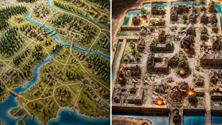 Visão aérea de dois mapas de jogo lado a lado, um amplo com paisagens variadas e outro compacto com áreas concentradas de ação.