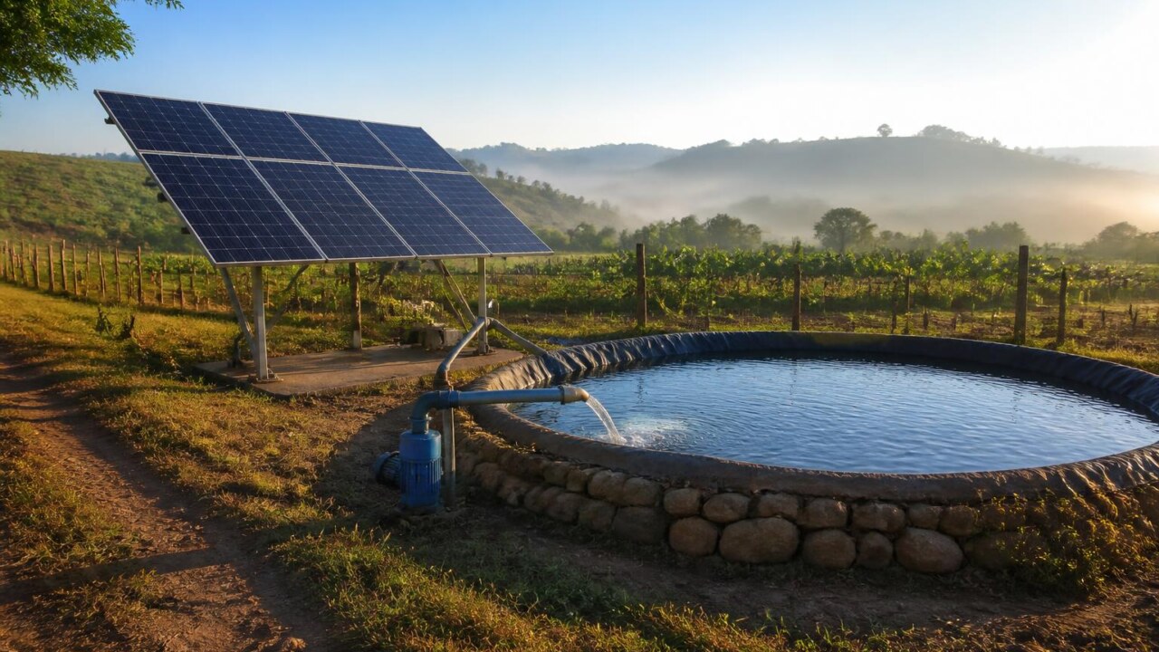 Painéis solares instalados em área rural com bomba de irrigação ao fundo