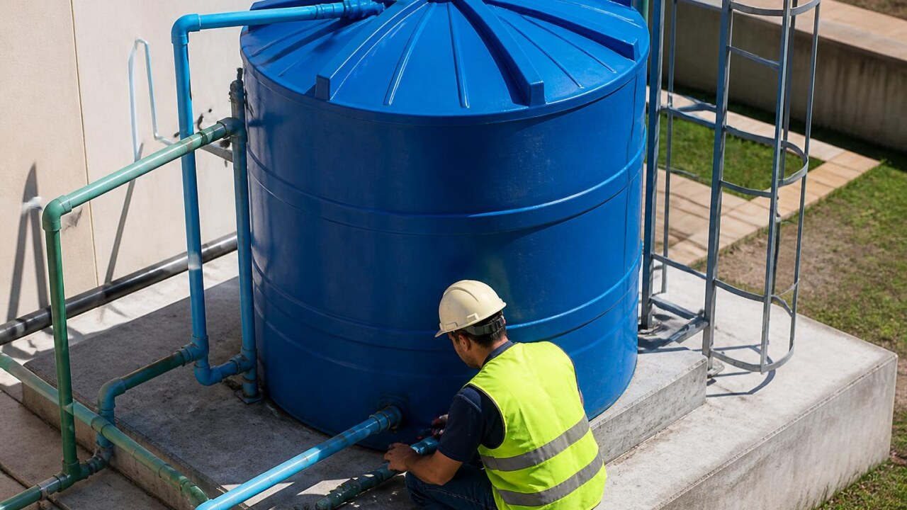 Reservatório de água em fundação pronta com técnico inspecionando