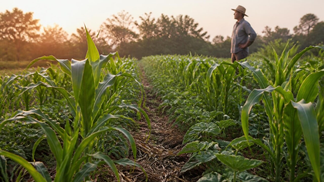 Agricultor observando campo com duas culturas consorciadas