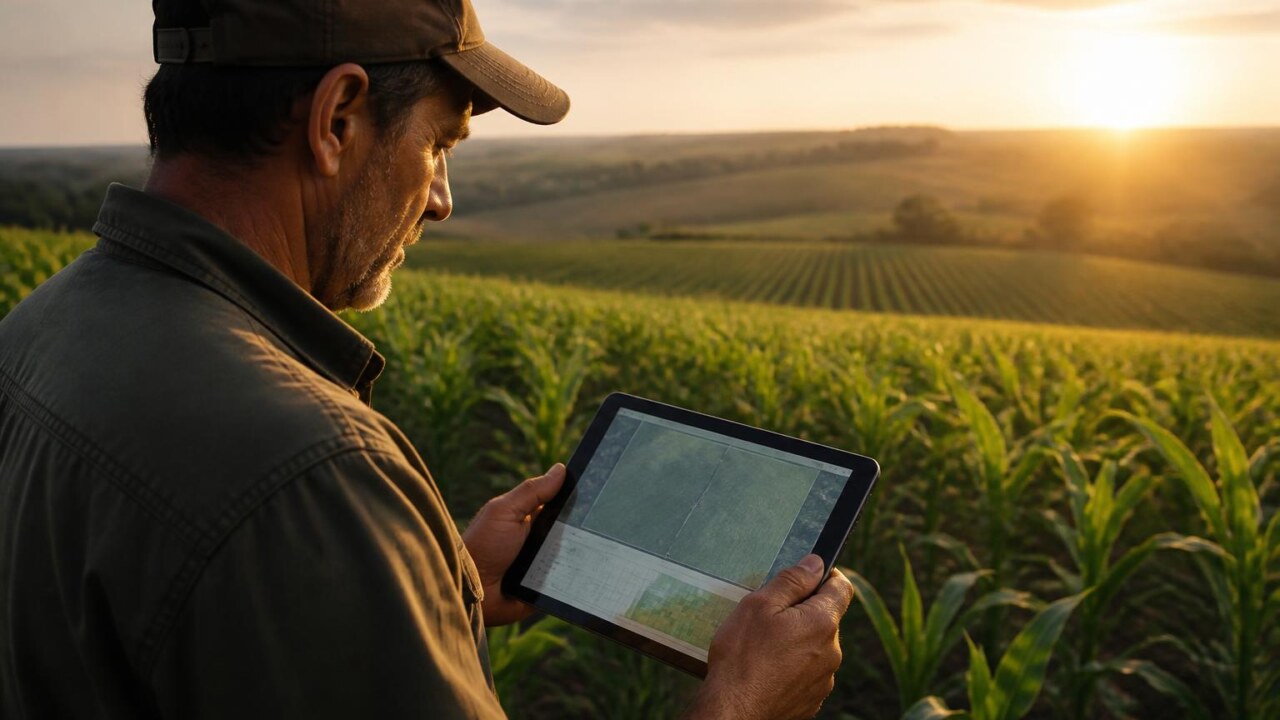 Produtor rural analisando planilhas e mapas de campo com tablet na mão