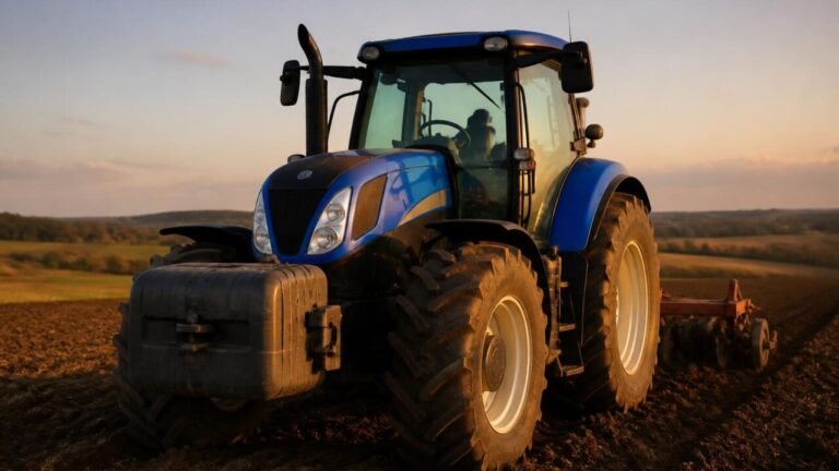Trator em campo com contrapesos dianteiros e pneus traseiros carregados realizando trabalho agrícola