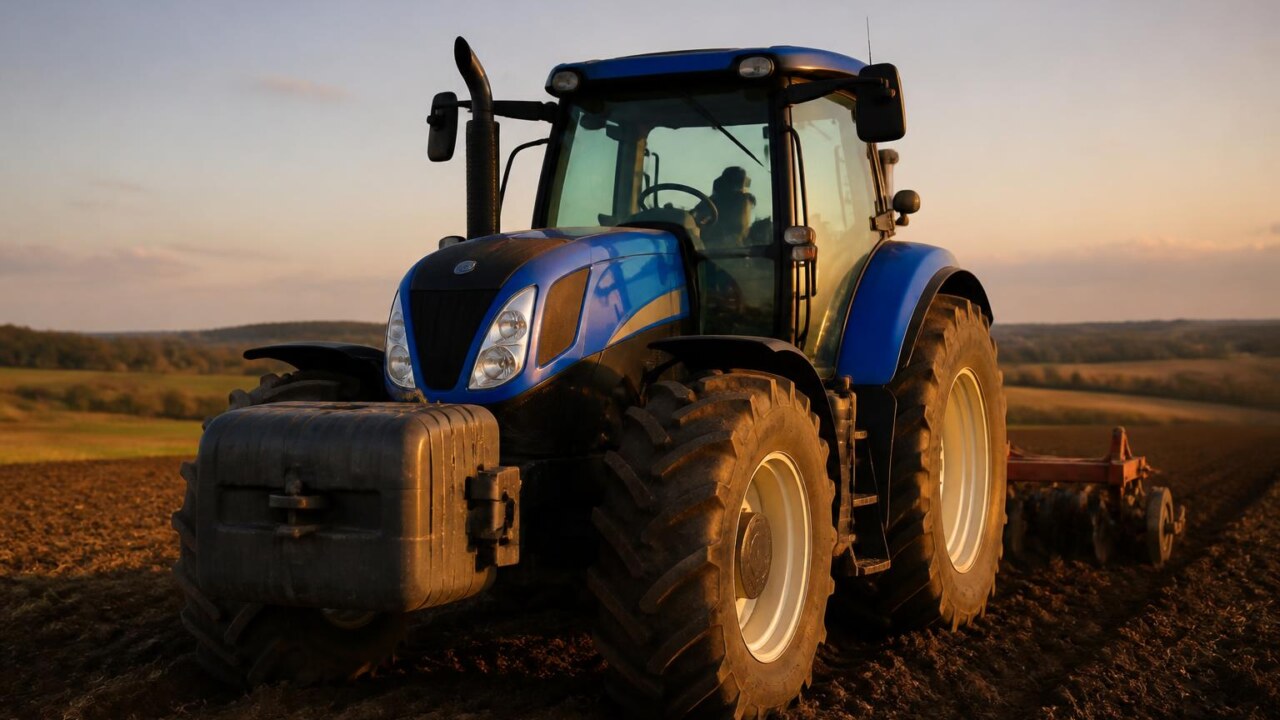 Trator em campo com contrapesos dianteiros e pneus traseiros carregados realizando trabalho agrícola