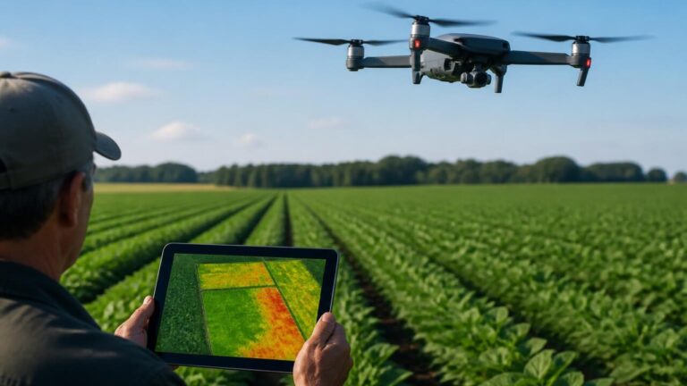 Drone sobrevoando lavoura com mapa de vigor vegetativo exibido em tela digital