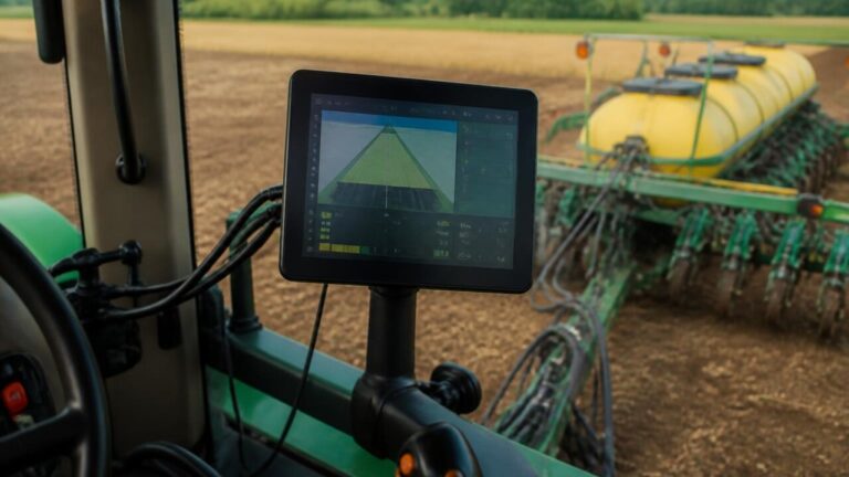 Trator conectado a implemento agrícola exibindo interface no terminal ISOBUS