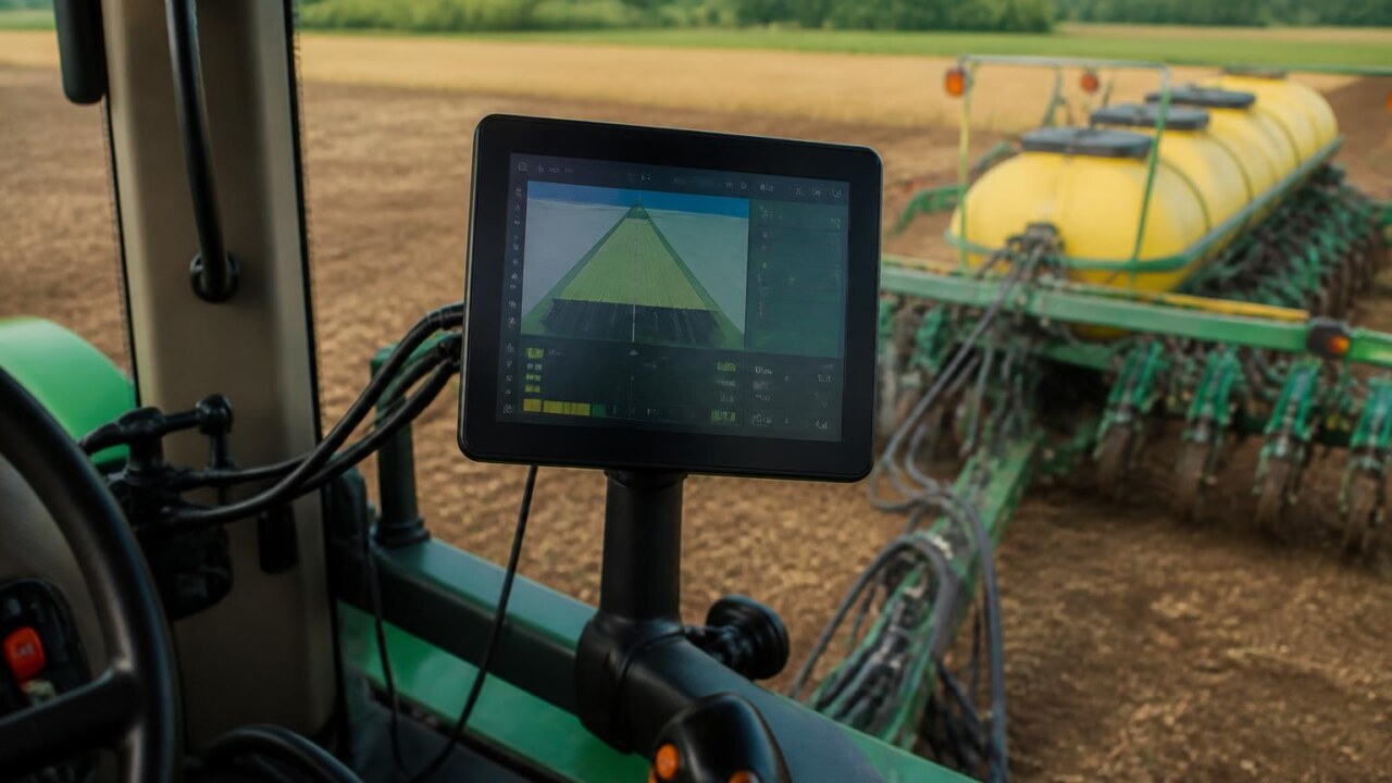 Trator conectado a implemento agrícola exibindo interface no terminal ISOBUS