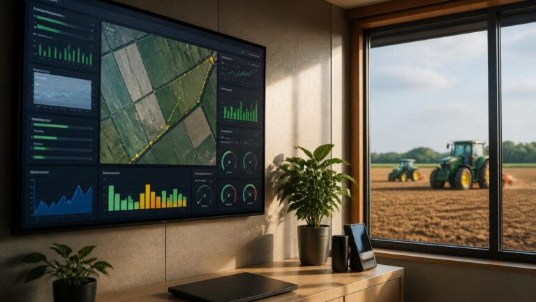 Painel de telemetria exibindo mapas e gráficos de desempenho de máquinas agrícolas