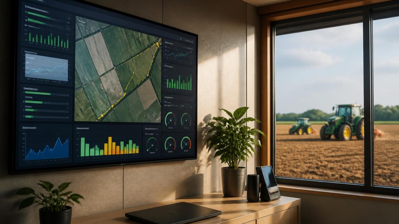 Painel de telemetria exibindo mapas e gráficos de desempenho de máquinas agrícolas