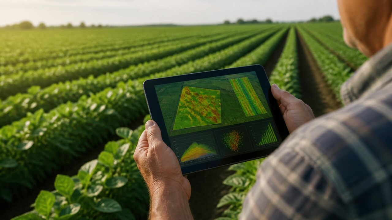 Agricultor analisando gráficos de simulação agrícola em tablet no campo durante plantio
