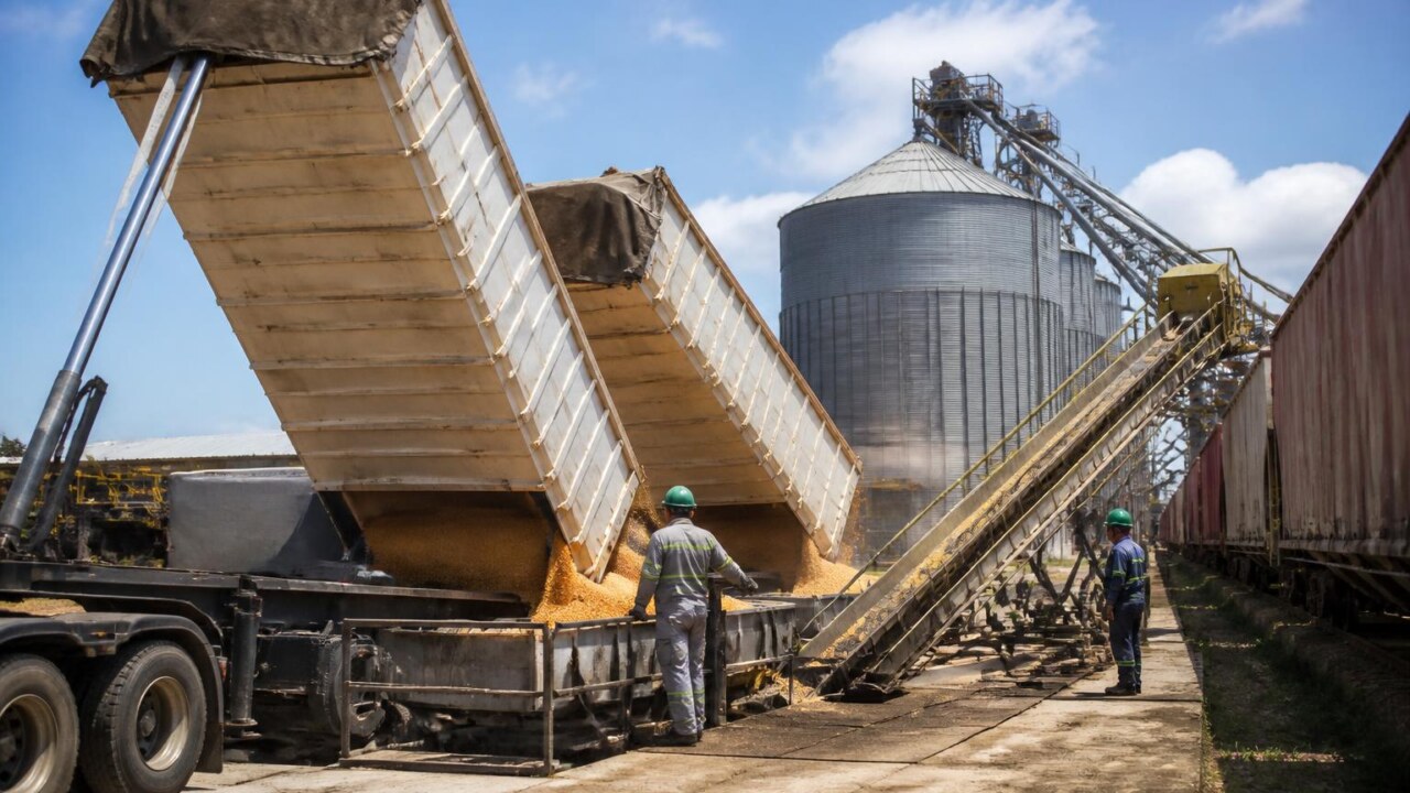 Operação de transbordo agrícola com caminhões e silos em terminal