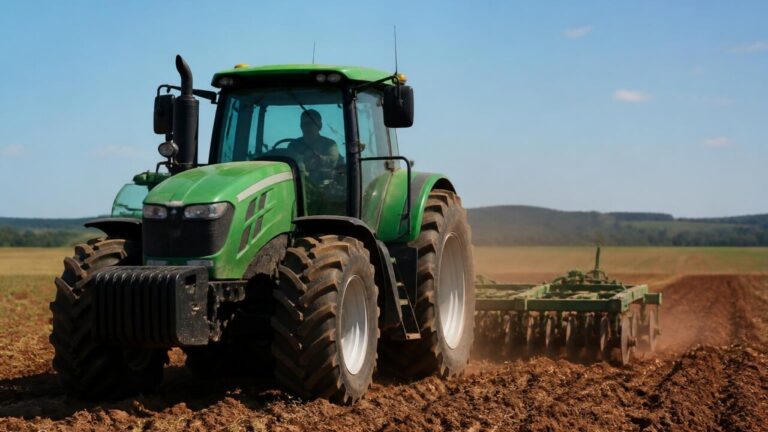 Trator agrícola em trabalho no campo, destaque para uso de combustível e eficiência.