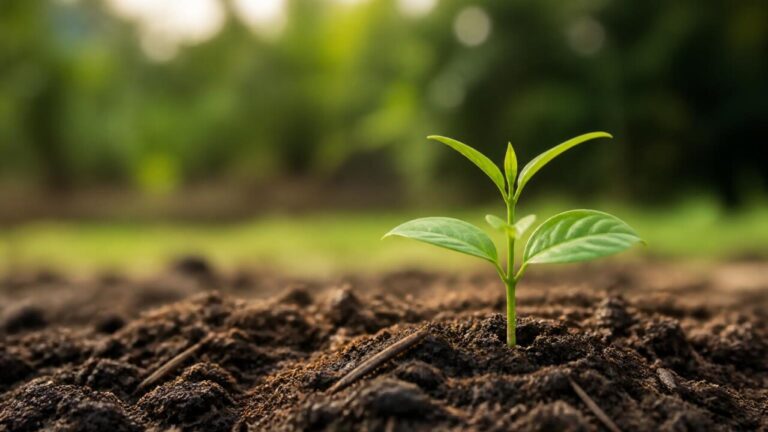 Mãos segurando solo fértil com muda de planta em crescimento ao fundo