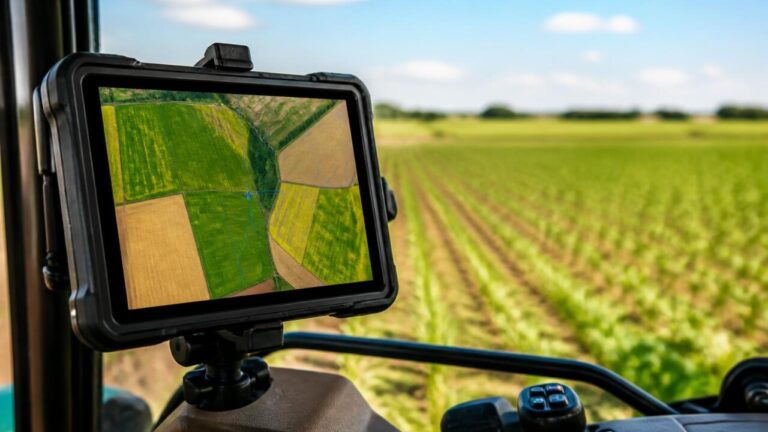 Tablet com mapa agrícola aberto em um campo durante o dia mostrando caminhos e camadas de cultivo