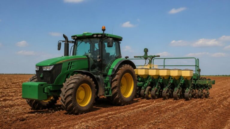 Trator no campo com implemento agrícola acoplado trabalhando em uma plantação