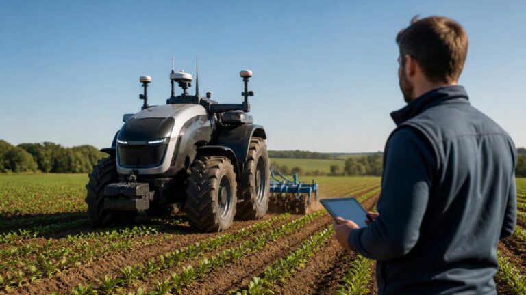 Trator autônomo operando em campo com sensores visíveis e operador observando com tablet