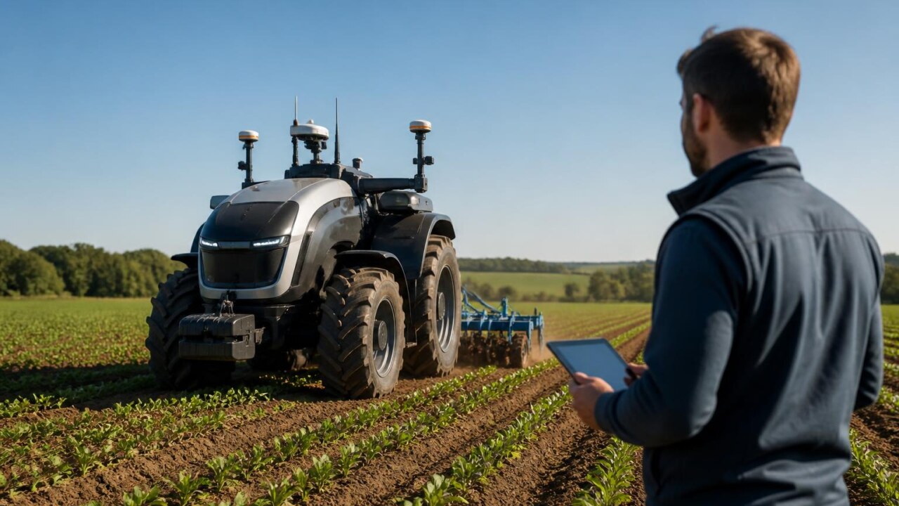 Trator autônomo operando em campo com sensores visíveis e operador observando com tablet