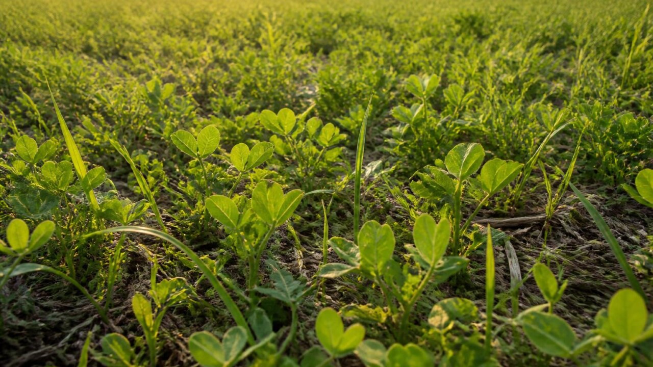Campo com diferentes plantas de cobertura crescendo, mostrando solo protegido e vegetação baixa e densa