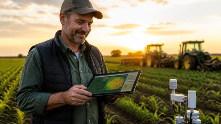 Produtor rural usando tablet no meio de uma lavoura com gráficos de gestão agrícola na tela