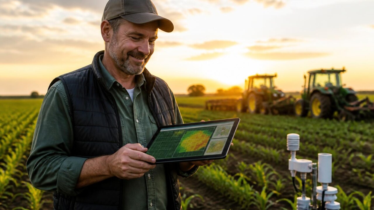 Produtor rural usando tablet no meio de uma lavoura com gráficos de gestão agrícola na tela