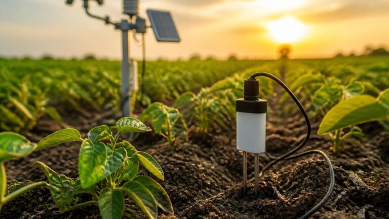 Campo agrícola com sensores de solo e estação meteorológica ao fundo