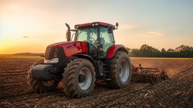 Trator agrícola de grande porte trabalhando em campo ao pôr do sol