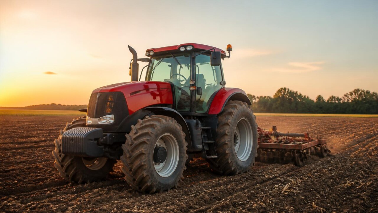 Trator agrícola de grande porte trabalhando em campo ao pôr do sol