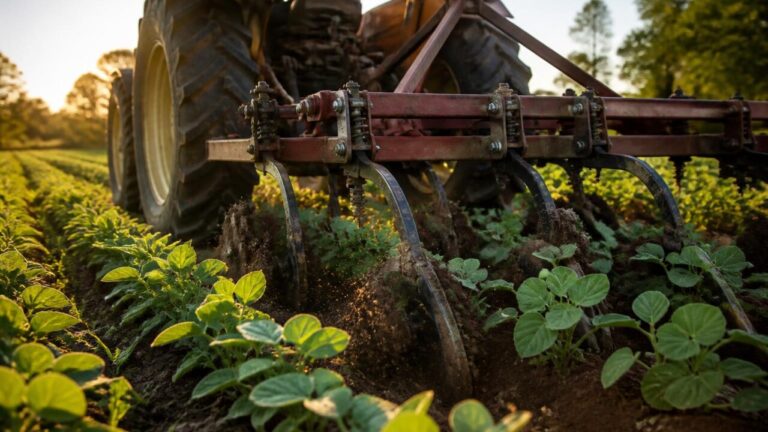 Cultivador agrícola trabalhando solo entre linhas de cultivo em uma lavoura