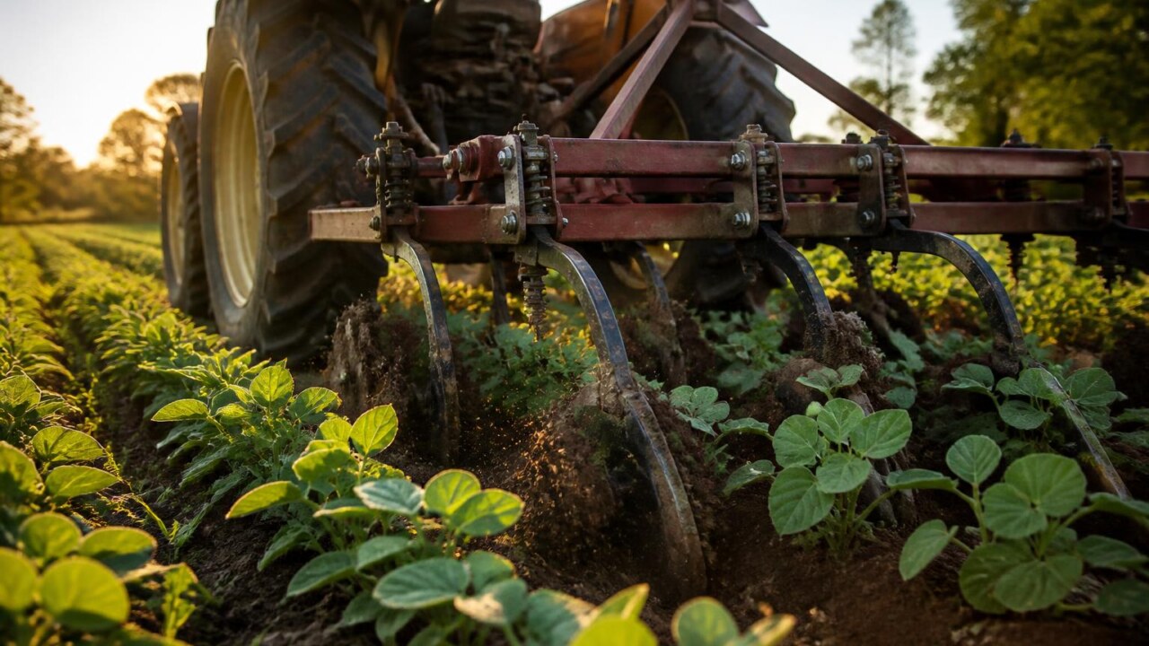 Cultivador agrícola trabalhando solo entre linhas de cultivo em uma lavoura
