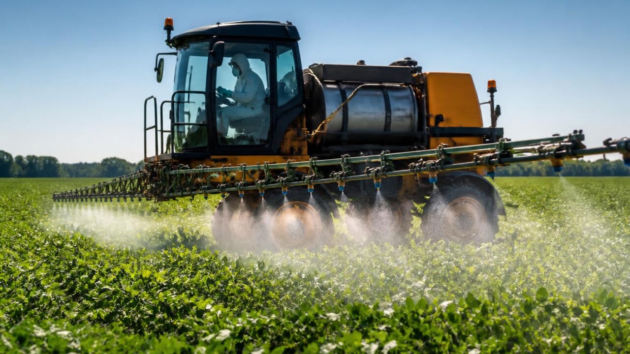 Pulverizador agrícola em campo com barra de pulverização ativa sobre cultura verde