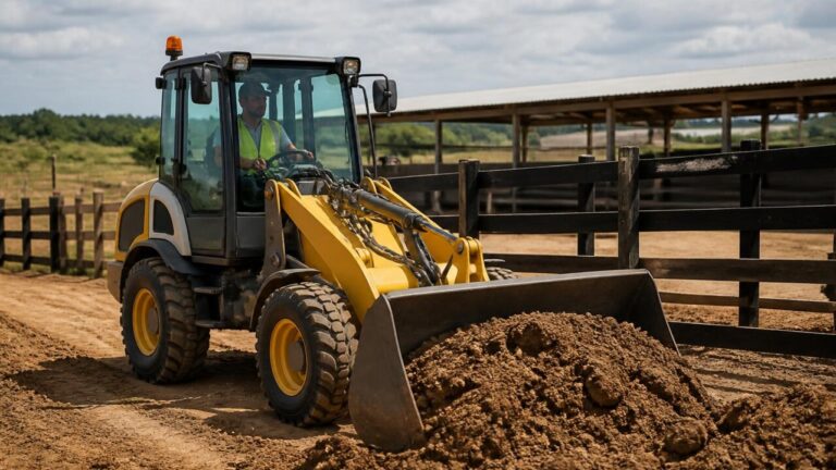Pá carregadeira operando em área rural movendo material para carregamento