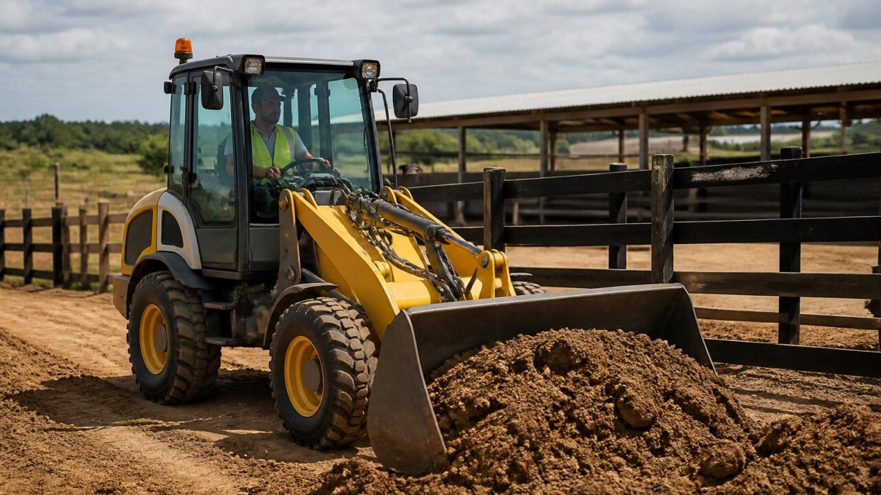 Pá carregadeira operando em área rural movendo material para carregamento
