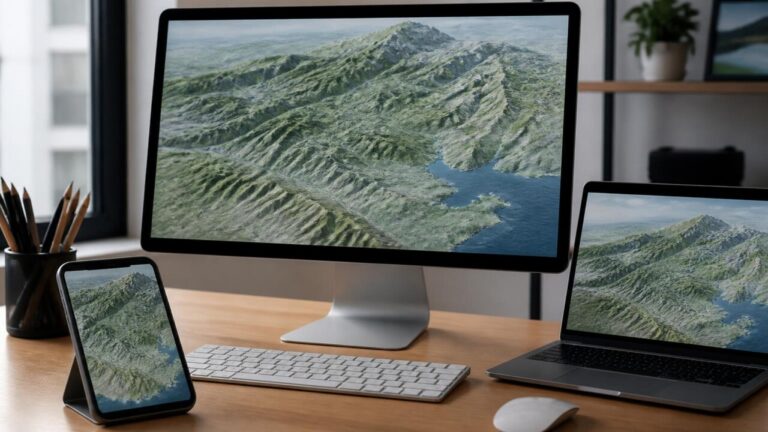 Computador e dispositivo móvel exibindo mapas 3D com gráficos complexos