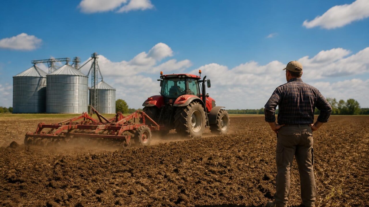 Trator trabalhando em campo com silo e equipamentos agrícolas em segundo plano