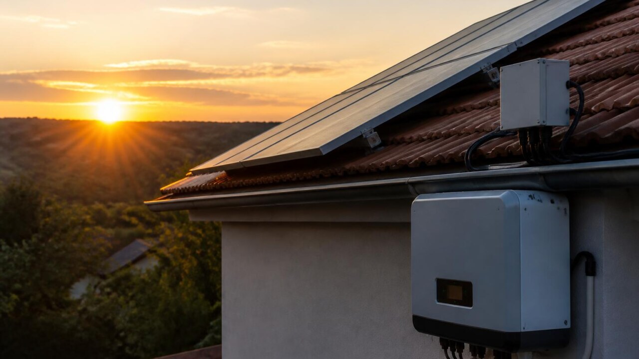 Painéis solares instalados em telhado com inversor e telhado ao fundo