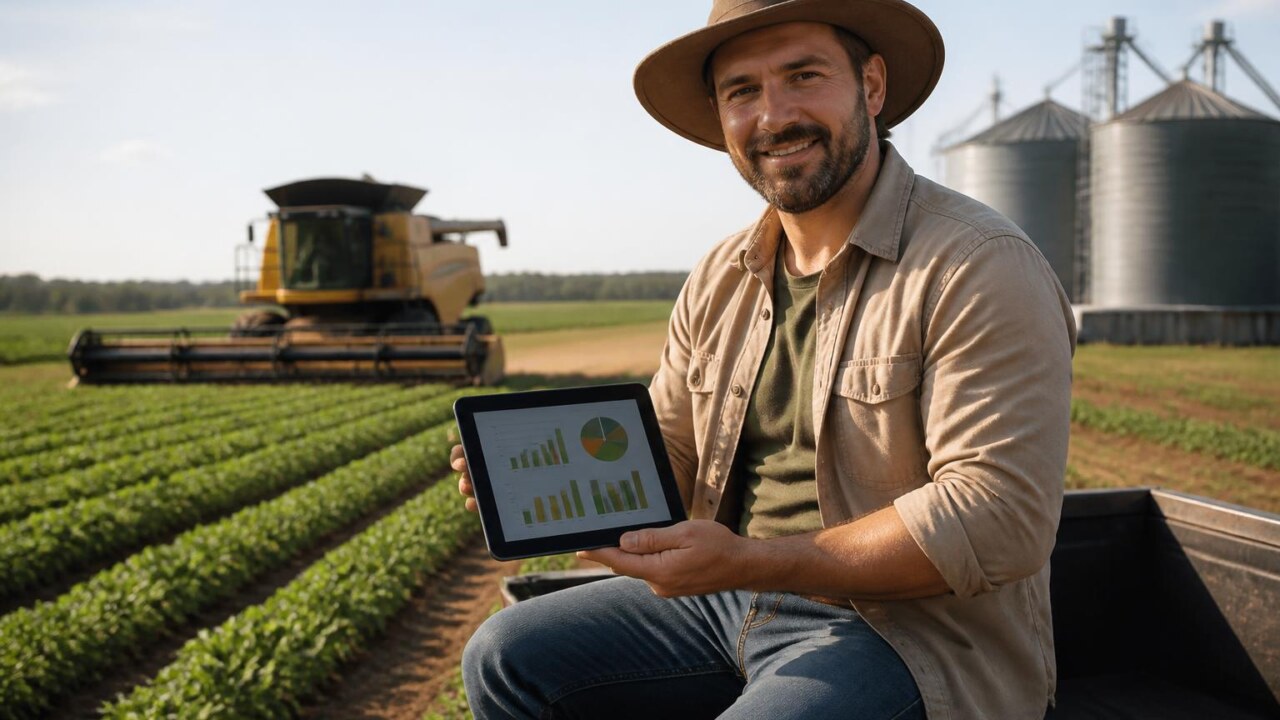 Produtor rural analisando indicadores em tablet na fazenda, com campo e máquinas ao fundo.