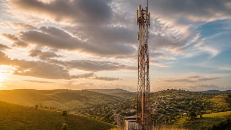 Antena de telecomunicações em uma paisagem rural ao entardecer, com linhas de transmissão ao fundo.