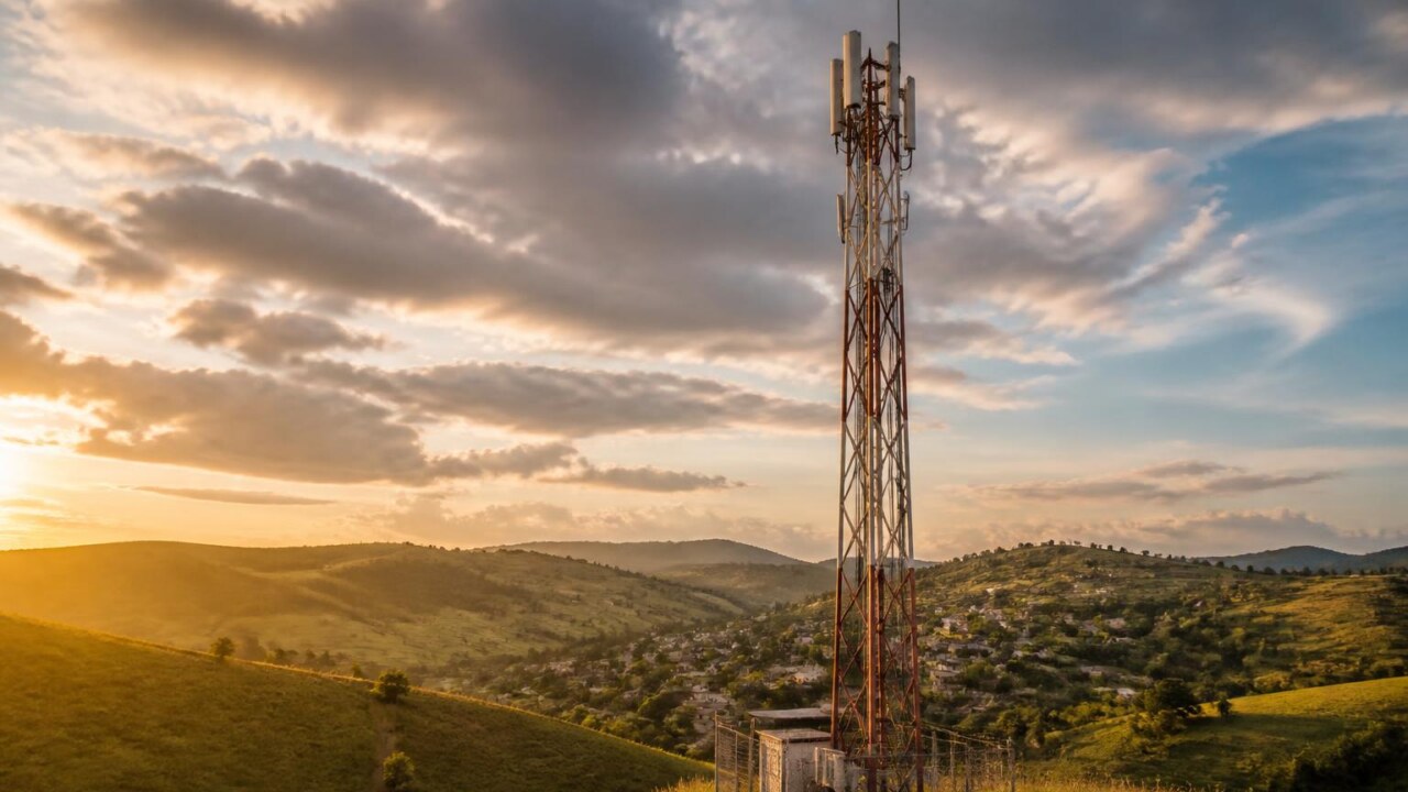 Antena de telecomunicações em uma paisagem rural ao entardecer, com linhas de transmissão ao fundo.