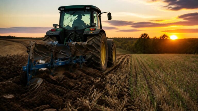 Trator com arado preparando solo agrícola em campo durante o dia