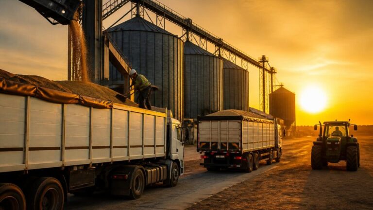Caminhões carregados com grãos em silo agrícola durante o pôr do sol, simbolizando logística no campo.