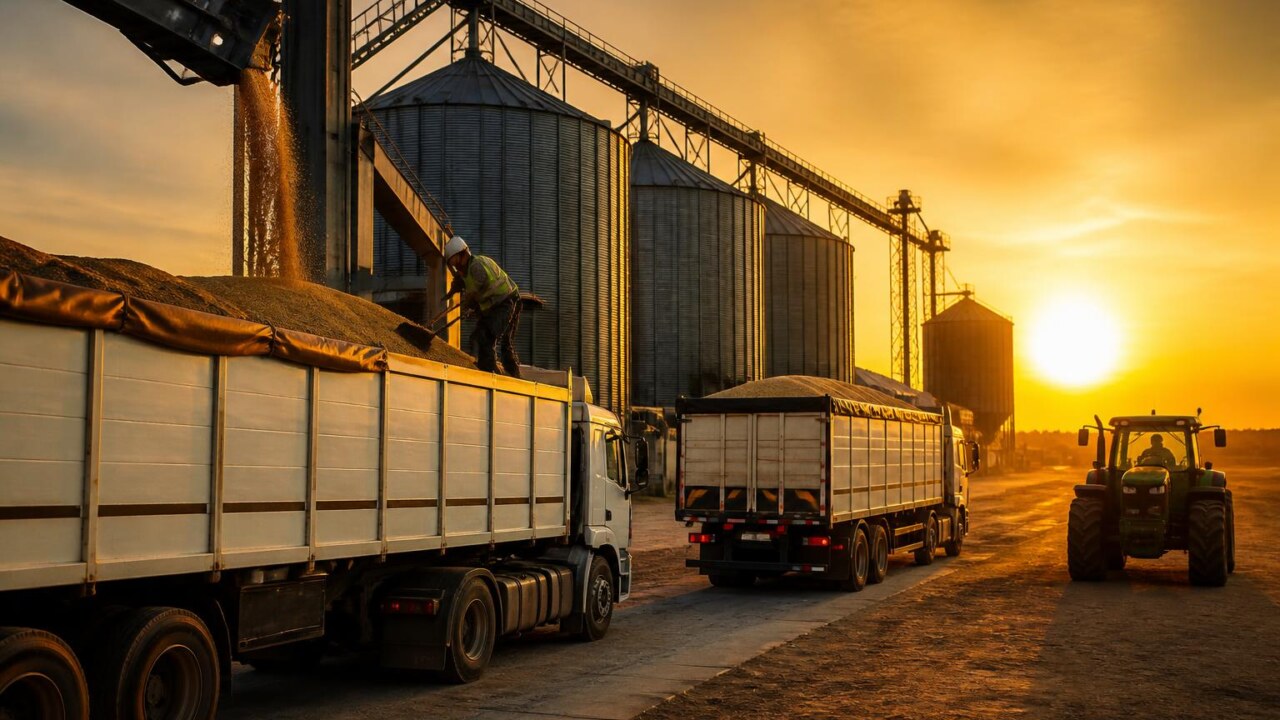 Caminhões carregados com grãos em silo agrícola durante o pôr do sol, simbolizando logística no campo.