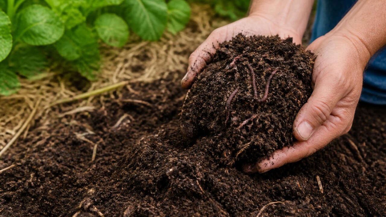 Solo escuro e fértil com minhocas e cobertura vegetal