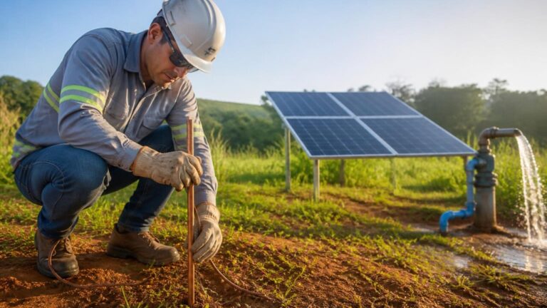 Técnico inspecionando haste de aterramento em propriedade rural com painéis solares ao fundo