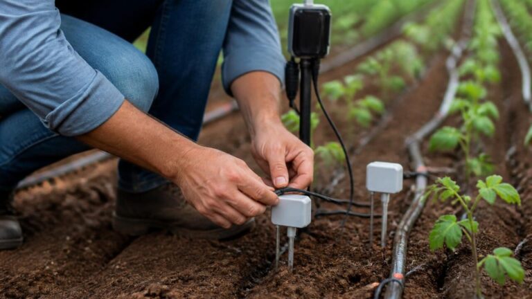 Técnico ajustando sensores de umidade do solo em sistema de irrigação automatizado em campo agrícola
